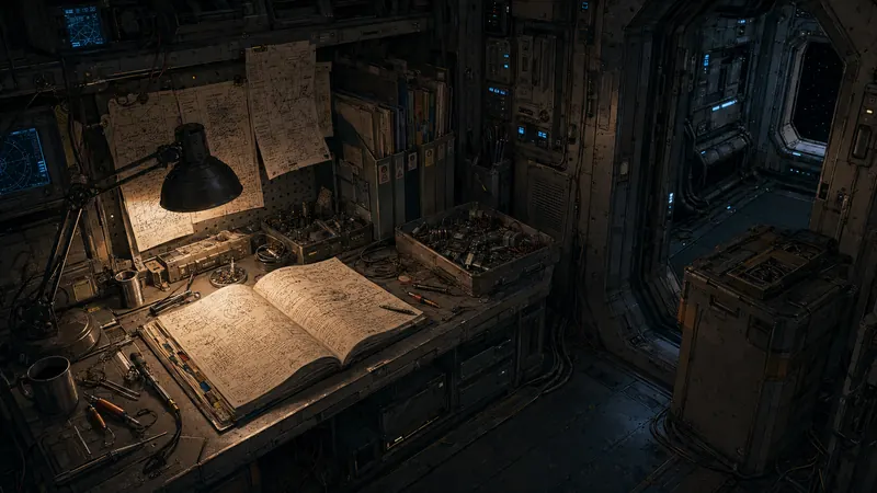 A small workshop desk inside a spacecraft with a worn notebook of routines, printed scripts pinned above it, labeled folders, and an output crate by the door.
