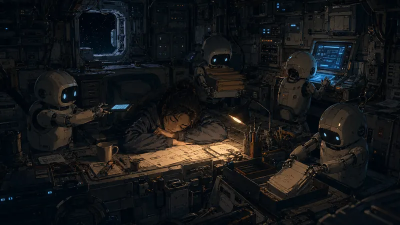 A tired founder asleep at her desk in a spacecraft cabin while four small utility droids keep working around her: sorting documents, typing at a terminal, carrying folders.