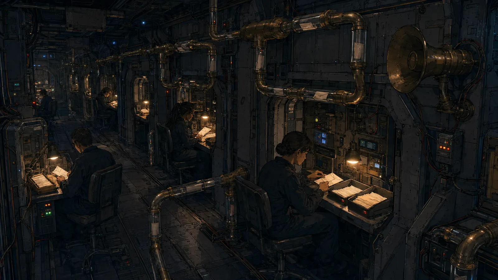 A spacecraft corridor with a brass pneumatic-tube mail system carrying capsules between small stations, letters in trays marked pending and resolved.