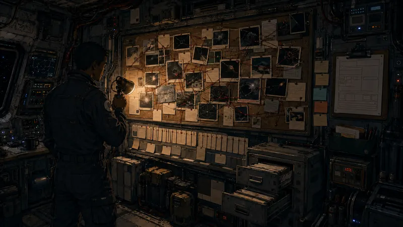 A spacecraft cabin wall used as a memory system: pinned photographs connected by string, a timeline of dated cards, a filing cabinet, sticky notes, and a clipboard.