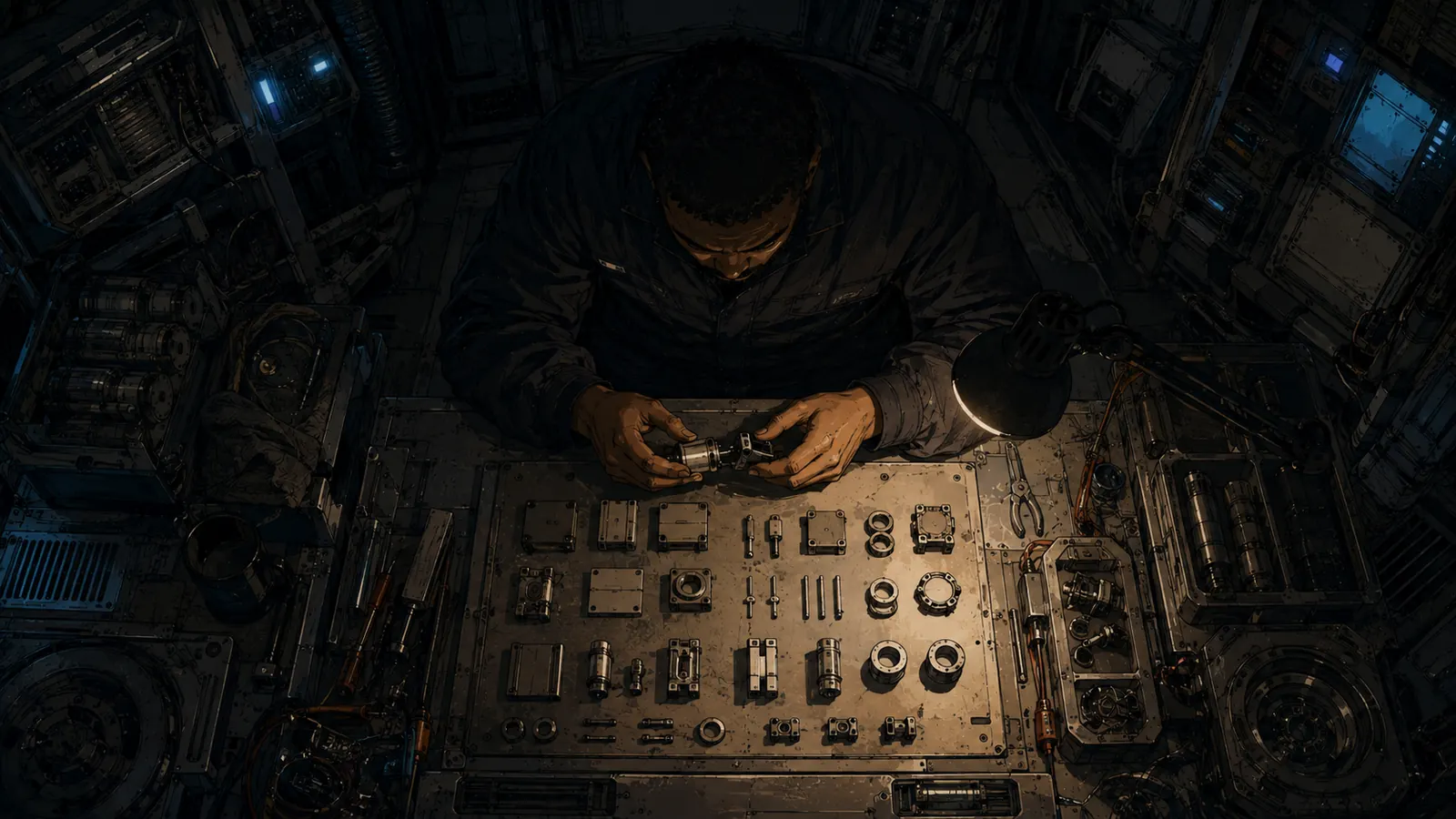 A crew member assembling a device from a neat grid of machined parts on a workshop bench inside a spacecraft.