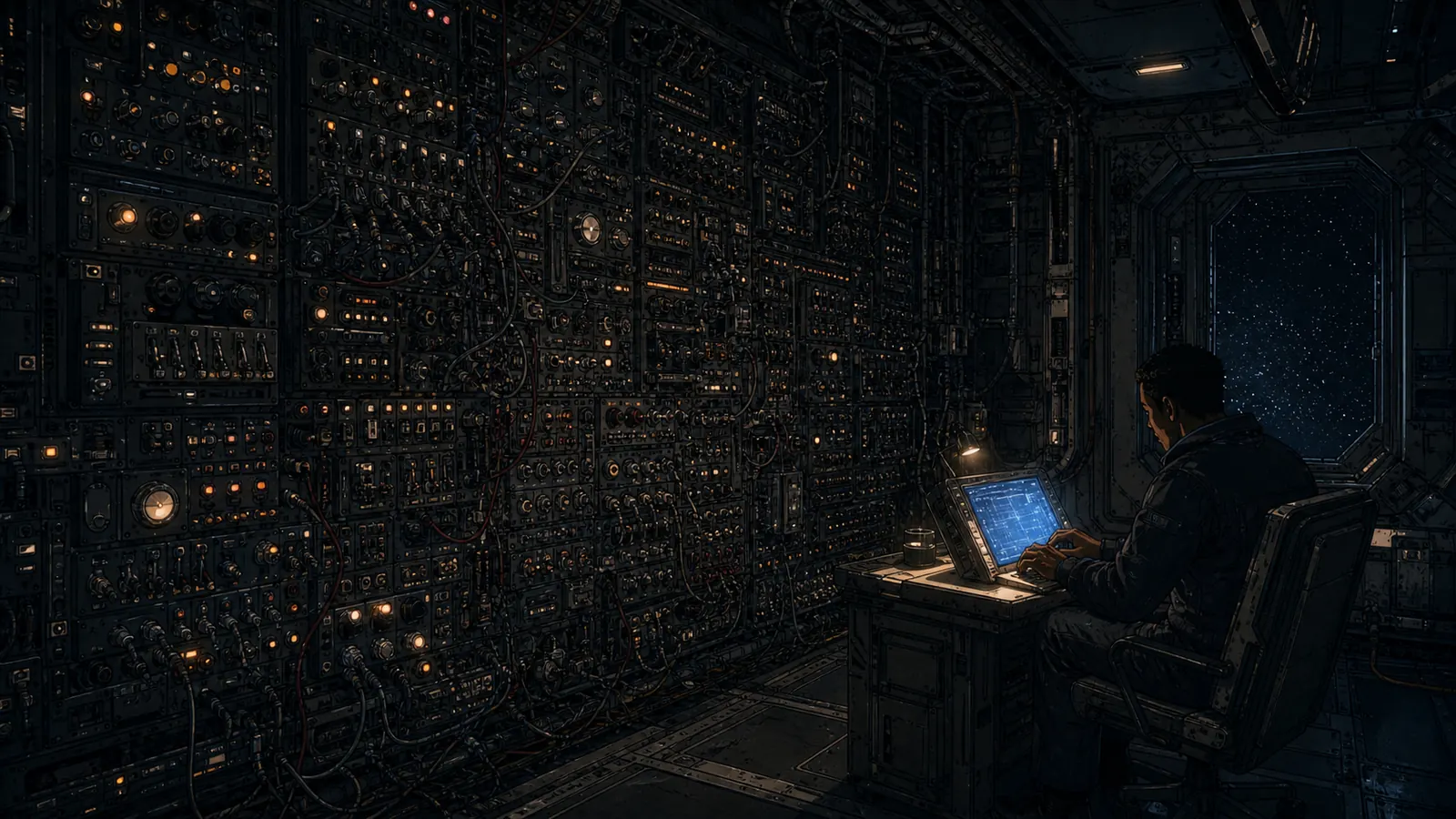Inside a spacecraft, a wall of hundreds of tiny switches on one side and a crew member calmly typing at a single glowing terminal on the other.