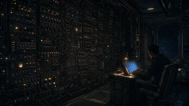 Inside a spacecraft, a wall of hundreds of tiny switches on one side and a crew member calmly typing at a single glowing terminal on the other.