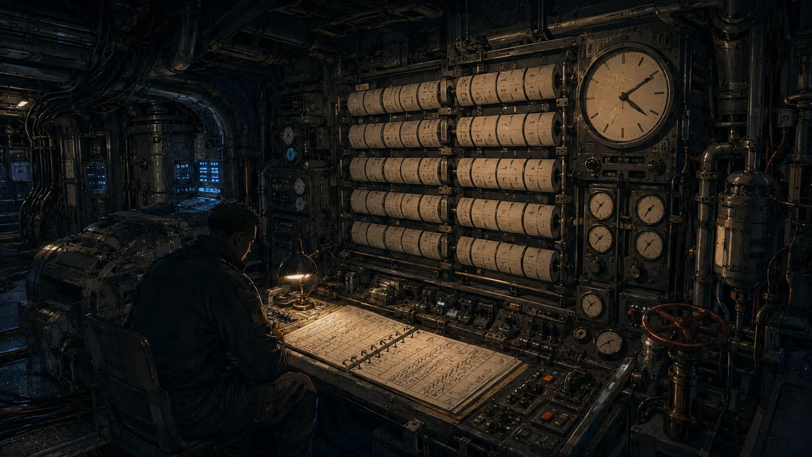 The engine room of a spacecraft at night, with a mechanical scheduling board, a large clock, and a lone crew member on watch.