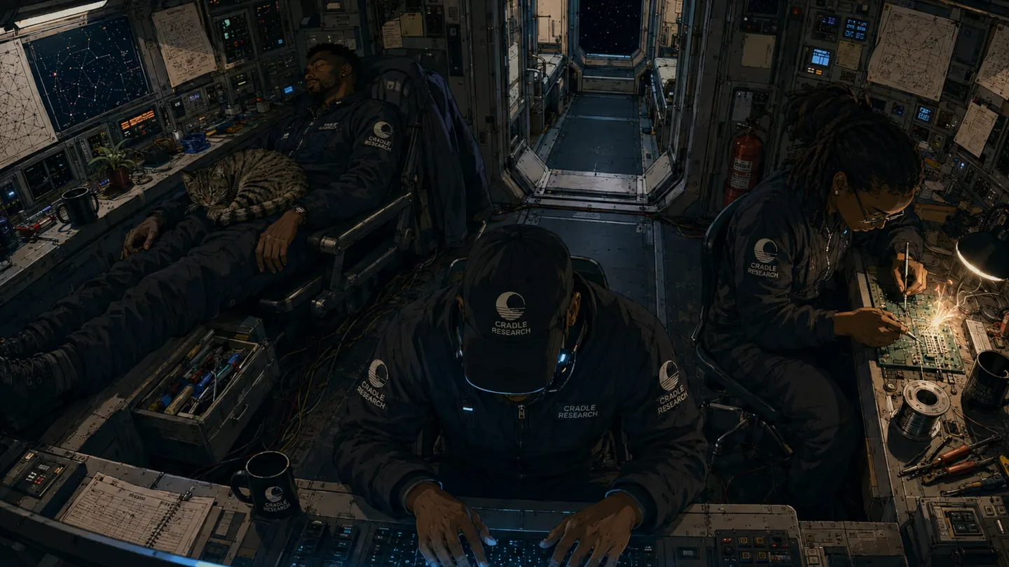 Cradle Research crew at work inside a spacecraft cabin
